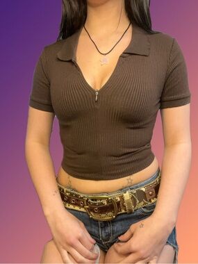 Ardene Dark Brown Ribbed Zip-Up Polo Shirt